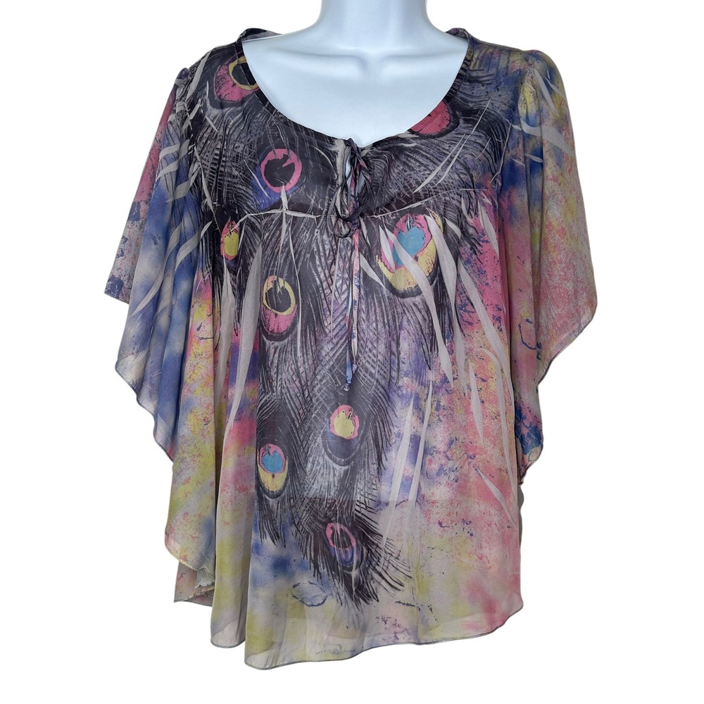 Bongo Peacock Feather Y2K Poncho Blouse Medium Butterfly Sleeve Boho Flutter